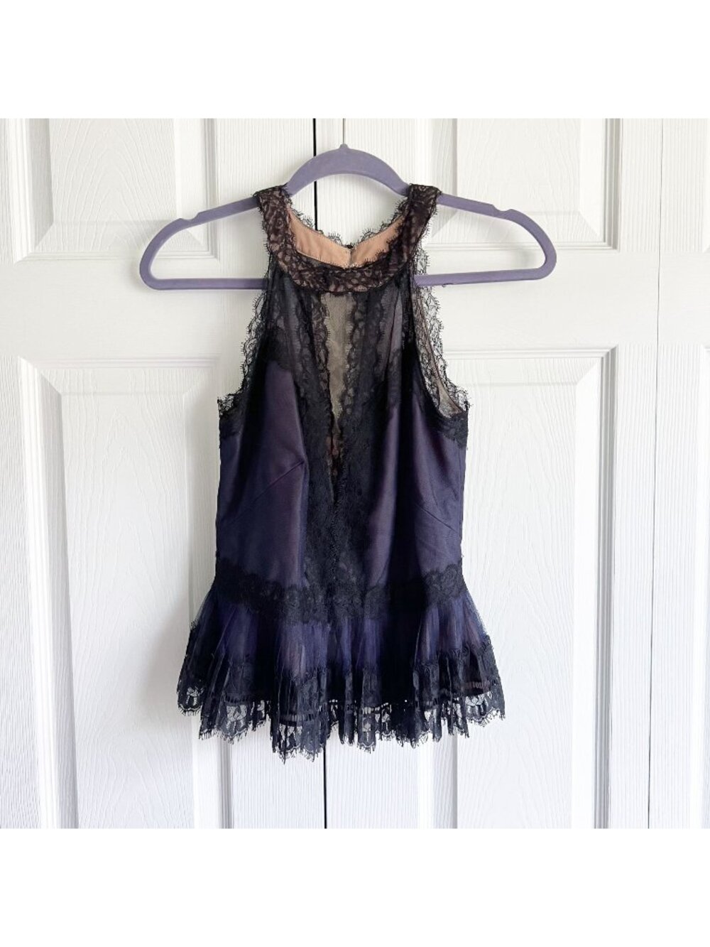 Marchesa Notte Blue Black Lace High Neck Sleeveless Peplum Top Women's Size 0